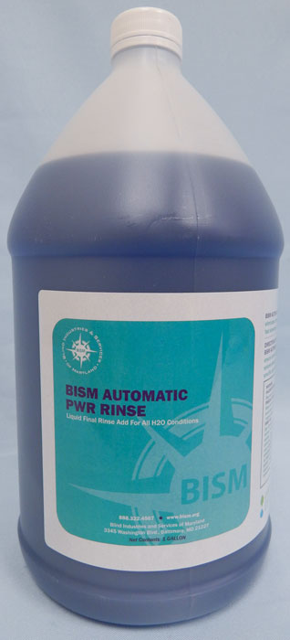 clear jug with blue liquid inside, teal label - BISM AUTOMATIC PWR RINSE